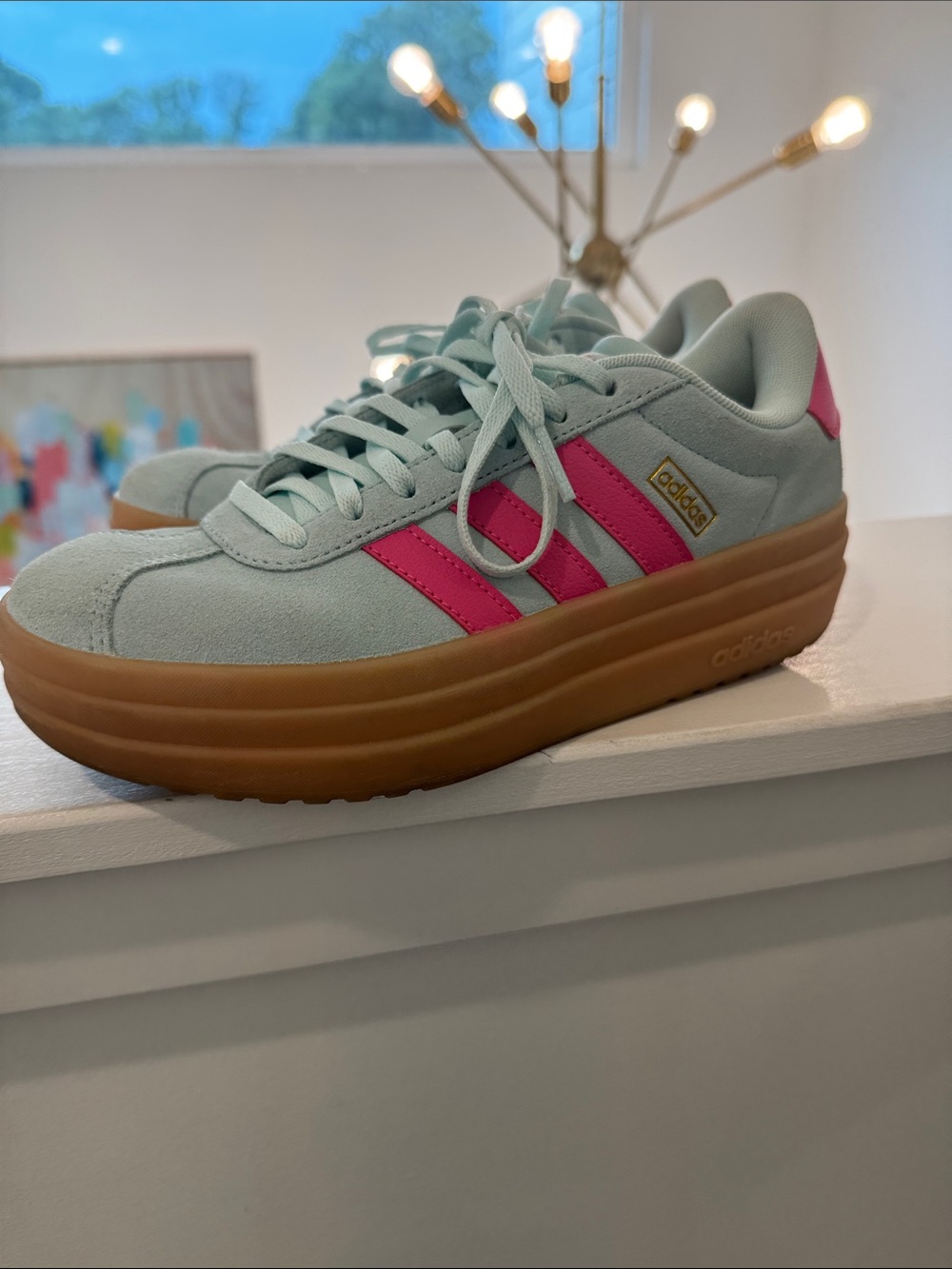 adidas Women's Mint Green Suede Platform Sneakers with Pink Stripes
